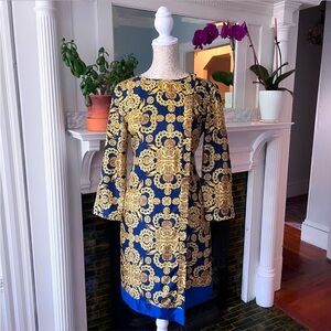 VINTAGE TIBI 100% Silk Blue & Gold Medallion Print Button Up Shift Dress Size 4
